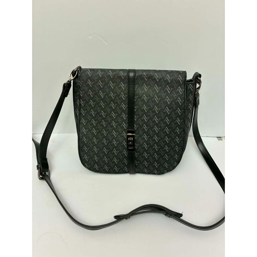 Adrienne Vittadini Logo Print Crossbody Bag Black Gray Turn Lock Shoulder Purse